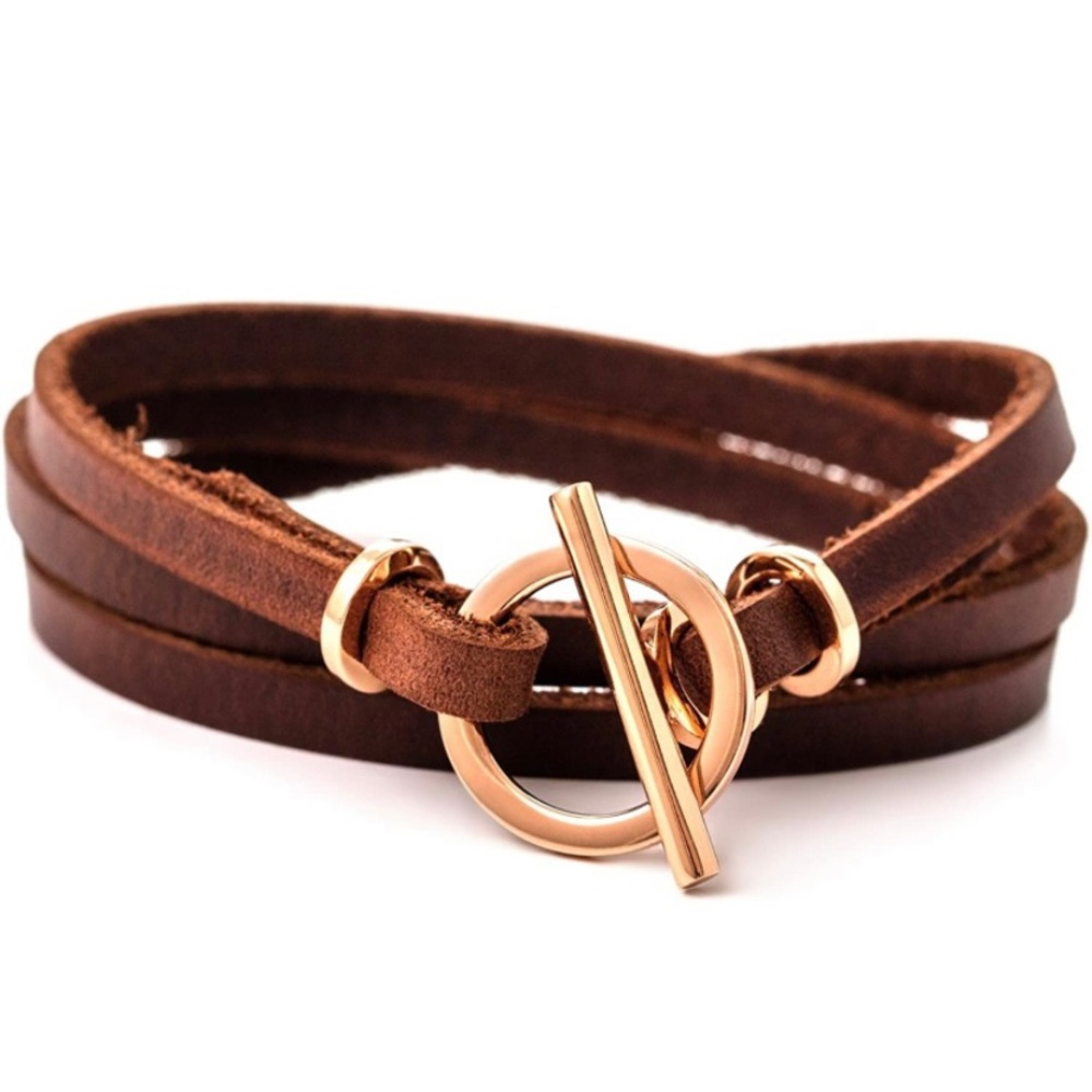 Brown leather and rose gold wrap bracelet